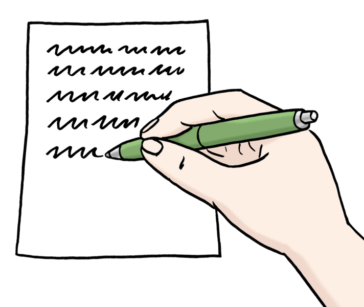 Piktogramm einer Hand, die mit einem Stift auf ein Blatt Papier schreibt