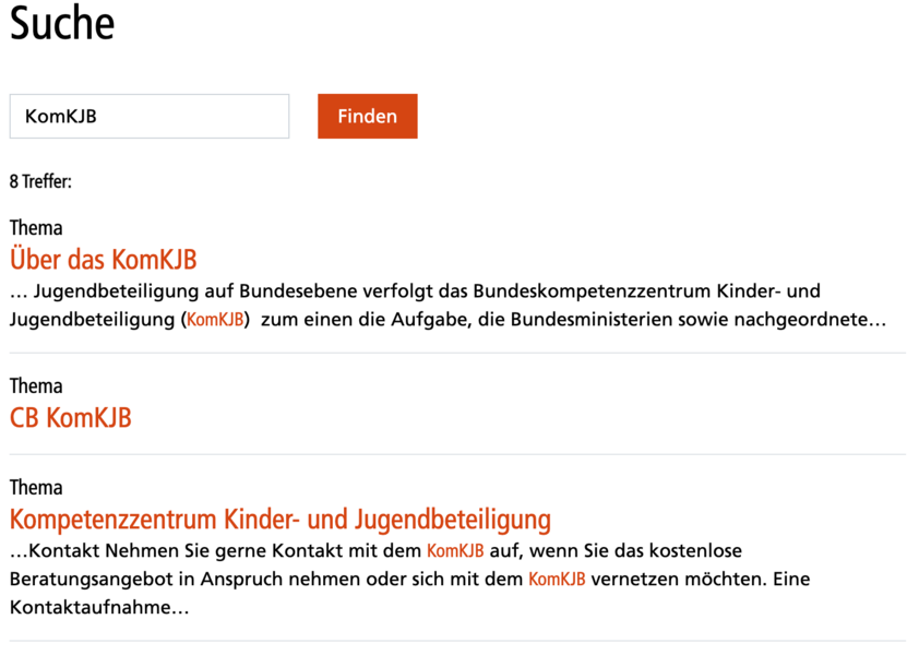 Screenshot eines Suchergebnis auf der Internetseite www.komkjb.de