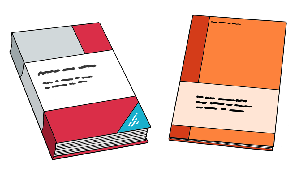Piktogramm eines Buch links, eines Hefts rechts