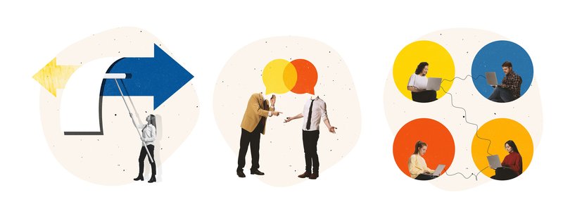 Illustration. links: Frau malt einen Pfeil. mittig: zwei Personen unterhalten sich, die Köpfe sind Sprechblasen. rechts: 4 Personen sitzen in bunten Kreisen an ihren Computern, sie sind mit Kabel verbunden.