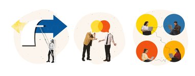 Illustration. links: Frau malt einen Pfeil. mittig: zwei Personen unterhalten sich, die Köpfe sind Sprechblasen. rechts: 4 Personen sitzen in bunten Kreisen an ihren Computern, sie sind mit Kabel verbunden. 