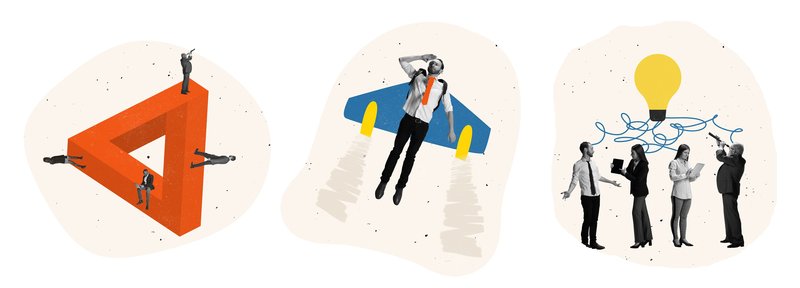 Illustration. links: rotes Dreieck, 4 Personen stehen darauf. mittig: Person fliegt mit einer Rakete. rechts: vier Personen diskutieren, darüber ist eine Glühbirne.  