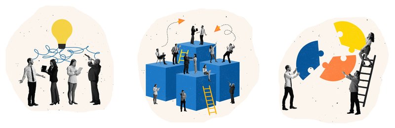  Illustration. links: vier Personen diskutieren, darüber ist eine Glühbirne. mittig: 4 rechteckige Bauklötze, Leiter, Personen stehen auf oder vor blauen Bauklötzen, unterhalten sich. rechts: drei Person versuchen ein dreiteiliges rundes Puzzle-Stück zusammenzuführen.