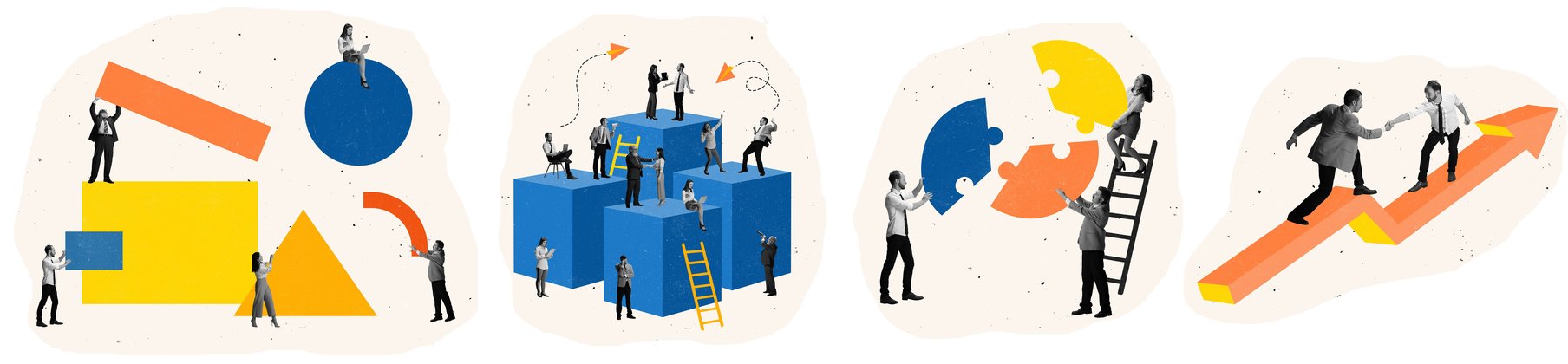 Illustration. 1 links: vier Personen diskutieren, darüber ist eine Glühbirne. 1 links: Personen haben bunte Bauklötze in der Hand. mittig: 4 rechteckige Bauklötze, Leiter, Personen stehen auf oder vor blauen Bauklötzen, unterhalten sich. 2. rechts: drei Person versuchen ein dreiteiliges rundes Puzzle-Stück zusammen zuführen. 1 rechts: zwei Personen balancieren auf einem Pfeil und halten sich an den Händen.